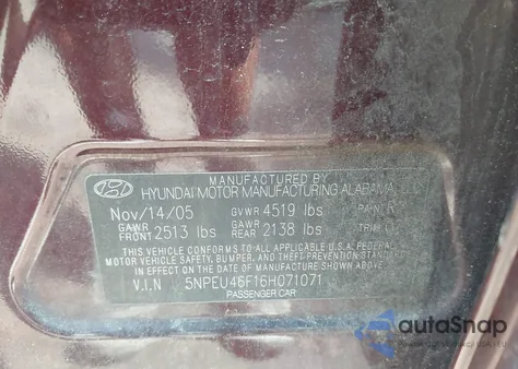 2006 Hyundai Sonata Gls V6/Lx V6 from USA, damaged, VIN 5NPEU46F16H071071